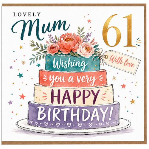 Mum 61st Birthday Card, Lovely Floral Cake Birthday Card