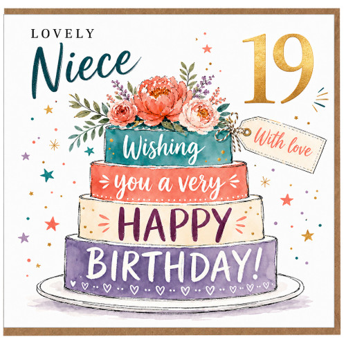 19th Birthday Card for Niece, Lovely Niece Birthday Card, Floral Cake Happy Birthday Card