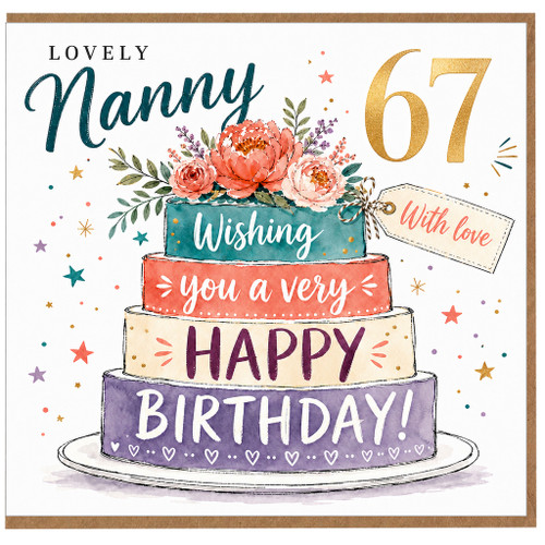 Nanny 67th Birthday Card, Lovely Floral Cake Happy Birthday Card