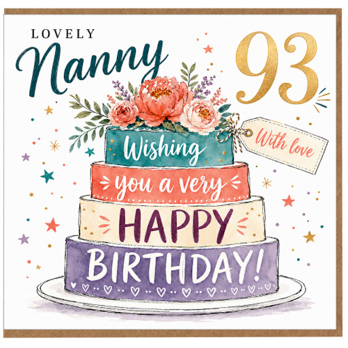 Nanny 93rd Birthday Card, Lovely Nanny 93 Happy Birthday Cake Design