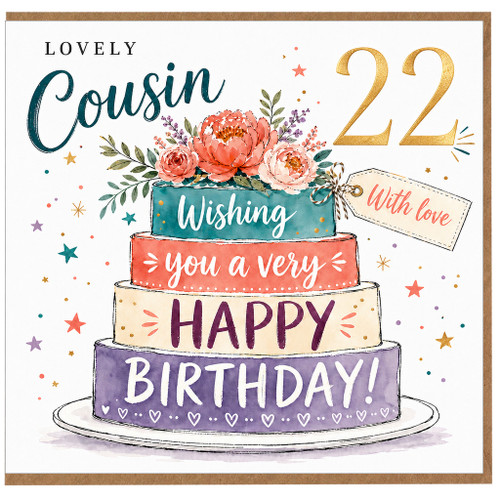 Cousin 22nd Birthday Card, Lovely With Love Floral Cake Design