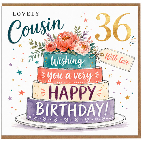 Cousin 36th Birthday Card, Lovely Cousin Floral Cake Birthday Card