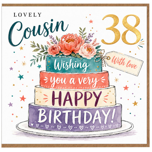 38th Birthday Card for Cousin, Lovely Cousin Happy Birthday Floral Cake Card