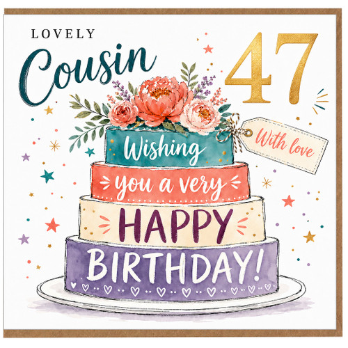 47th Birthday Card for Cousin, Lovely Birthday Cake and Floral Design