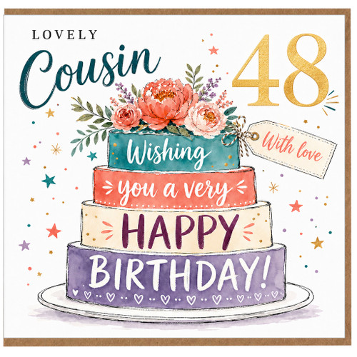 48th Birthday Card for Cousin, Lovely Wishing You a Very Happy Birthday Cake Design