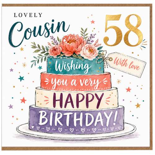Cousin 58th Birthday Card, Lovely With Love Happy Birthday Cake Design