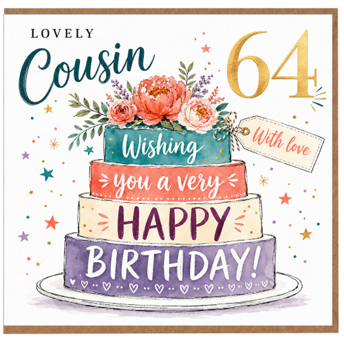 Lovely Cousin 64th Birthday Card, Happy Birthday Cake Design