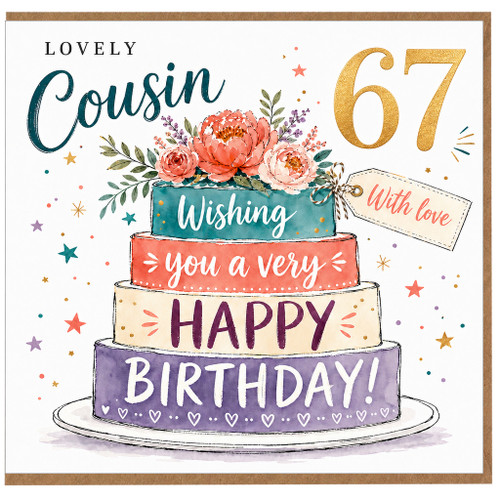 Cousin 67th Birthday Card, Lovely With Love Happy Birthday Cake Design