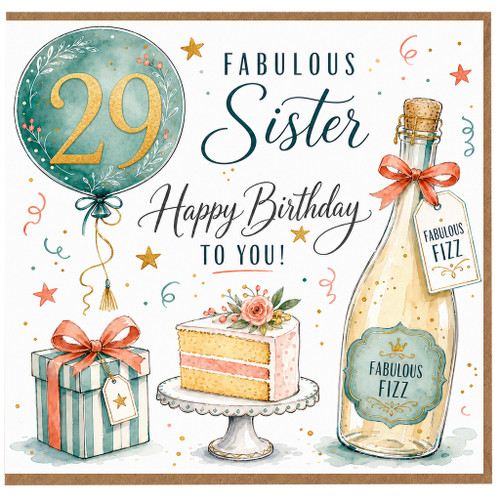 29th Birthday Sister Card, Fabulous Happy Birthday to You Balloon and Cake Design