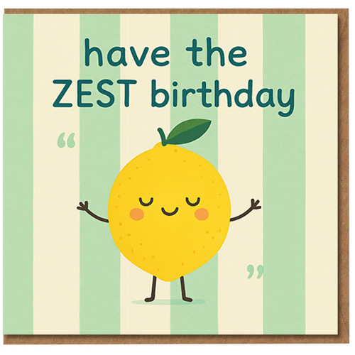 Funny Lemon Pun Birthday Card - have the ZEST birthday - Cute Kawaii Fruit on Mint and Cream Stripes, Cheerful Punny Card for Friends, Family, Colleagues
