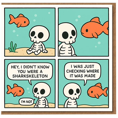 Funny Birthday Card - Skeleton and Fish Comic, Sharkskeleton Joke, Cute Cartoon Pun for Friends, Family or Colleagues