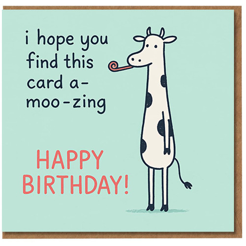 Funny Cow A-Moo-Zing Happy Birthday Card - Cartoon Cow with Party Blower, Pun Birthday Greeting for Friends, Family or Colleagues