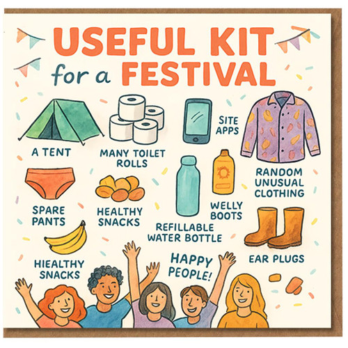 Funny Festival Survival Kit Birthday Card - Tent, Toilet Rolls, Welly Boots and Happy People - Humorous Card for Music Festival Fans