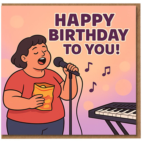 Happy Birthday To You Karaoke Singer Card - Fun Cartoon Vocalist with Microphone, Snack Bag, Music Notes and Keyboard - Funny Birthday Card for Friends, Family or Colleagues