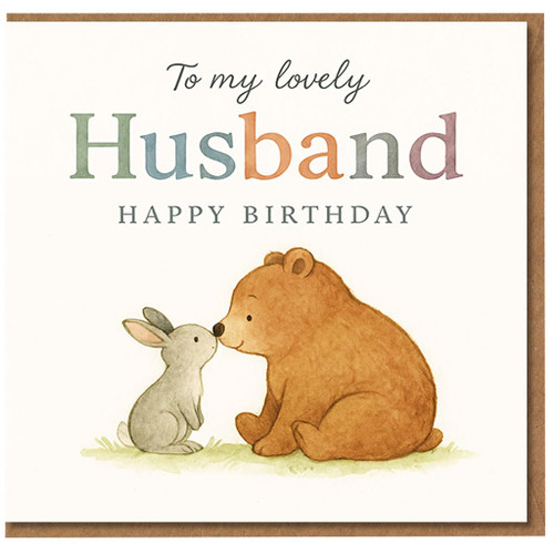 To My Lovely Husband Birthday Card - Cute Bear and Bunny Illustration, Happy Birthday