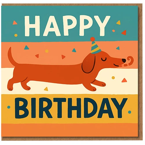 Happy Birthday Card - Cute Dachshund Dog with Party Hat and Confetti - Fun Colourful Stripes Design for Dog Lovers, Friends and Family