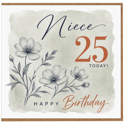 Niece 25th Birthday Card, Happy Birthday 25 Today Floral Card