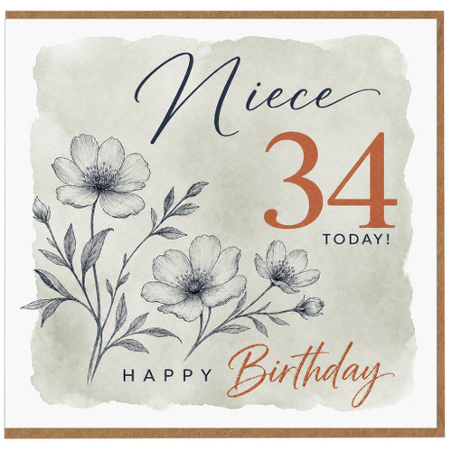 Niece 34th Birthday Card, Happy Birthday Floral Card