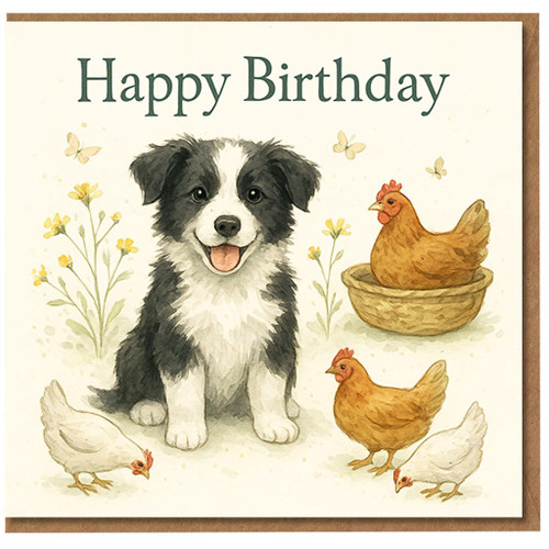 Happy Birthday Card - Cute Border Collie Puppy with Chickens and Wildflowers - Farmyard Dog Theme for Animal Lovers, Men, Women & Kids