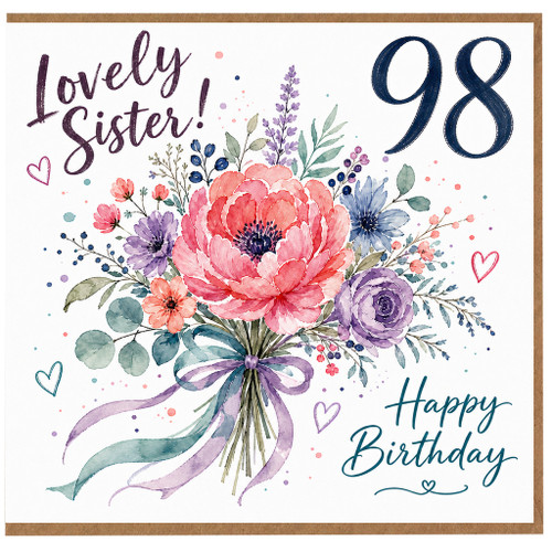98th Birthday Card for Sister, Lovely Sister Happy Birthday Floral Card