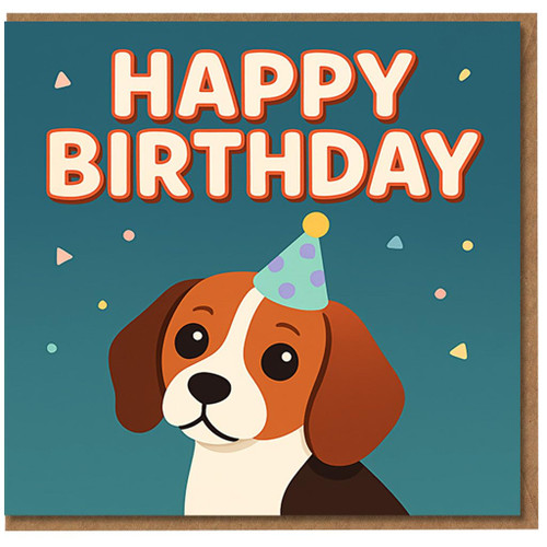 Cute Dog Birthday Card - Happy Birthday with Party Hat Puppy and Confetti - Fun Cartoon Design for Dog Lovers, Kids and Friends