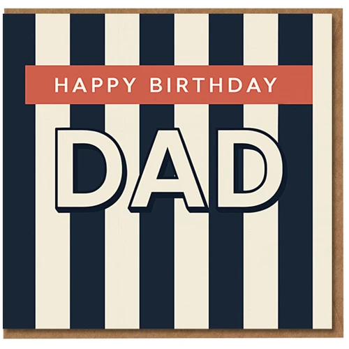 Dad Birthday Card - Happy Birthday Dad, Bold Navy and Cream Stripes, Red Banner, Modern Typographic Design