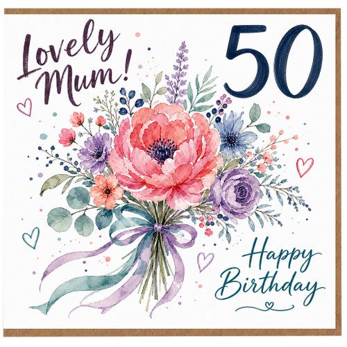 50th Birthday Card for Mum, Lovely Mum Happy Birthday Floral Bouquet Card