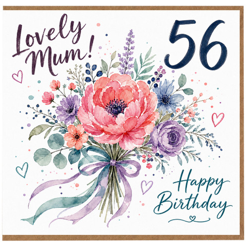 56th Birthday Card for Mum, Lovely Mum Floral Bouquet Happy Birthday Card