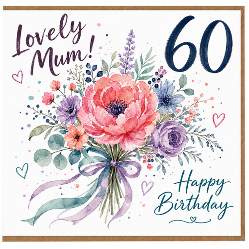 60th Birthday Card for Mum, Lovely Mum Floral Bouquet Happy Birthday Card