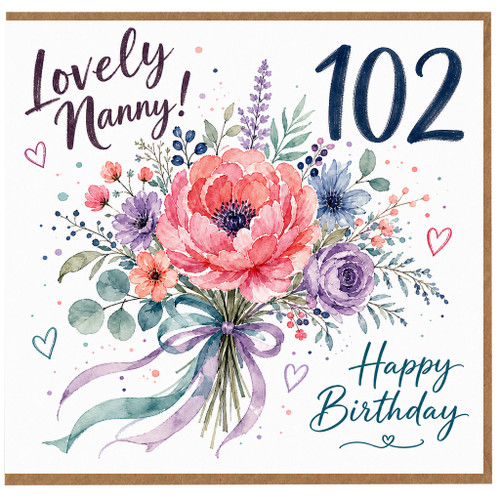 Nanny 102nd Birthday Card, Floral Happy Birthday Card