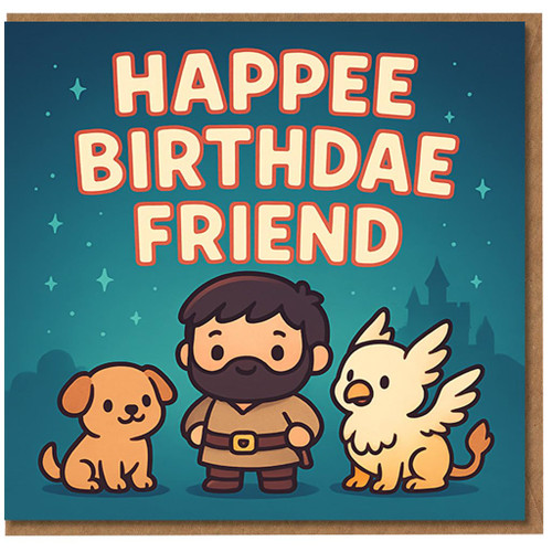 Happee Birthdae Friend Birthday Card - Cute Magical Creatures Cartoon - Funny Friend Card with Puppy and Griffin