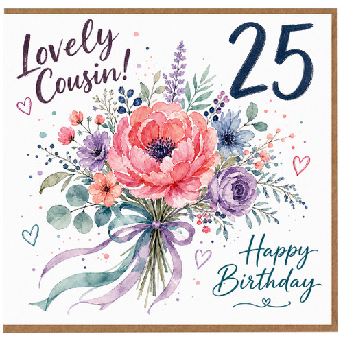 25th Birthday Card for Cousin, Lovely Cousin Happy Birthday Floral Card
