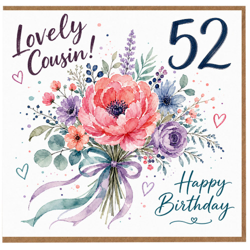52nd Birthday Card for Cousin, Lovely Cousin Happy Birthday Floral Card
