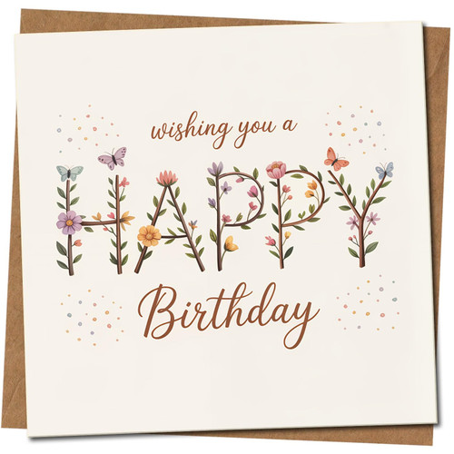 Happy Birthday Card - Wishing You a Happy Birthday Floral Lettering with Butterflies - 145mm x 145mm Square, Includes Kraft Envelope