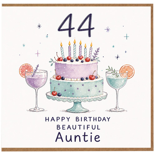 Auntie 44th Birthday Card, Happy Birthday Beautiful Auntie Cake Illustration Card
