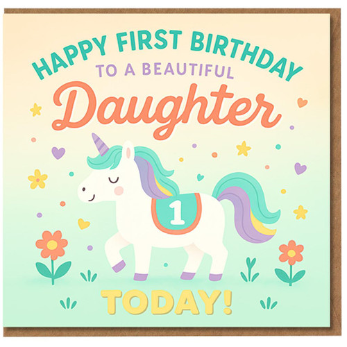 Daughter 1st Birthday Card - Cute Unicorn - Happy First Birthday to a Beautiful Daughter Today