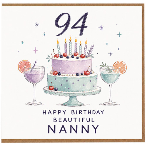 Nanny 94th Birthday Card, Happy Birthday Beautiful Nanny Cake and Candles Design