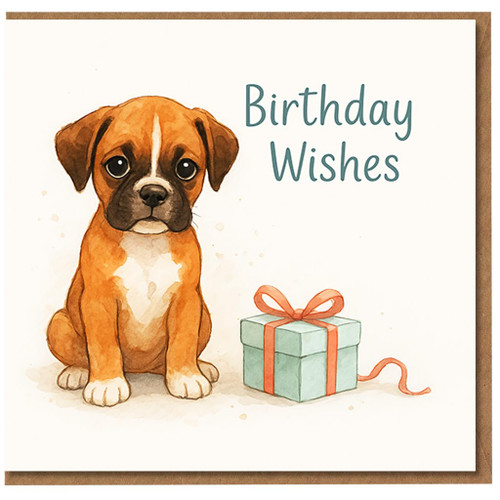 Cute Puppy Birthday Card - Watercolour Dog and Present with 'Birthday Wishes' - For Friends, Family, Dog Lovers