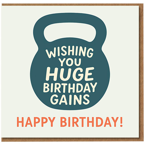 Gym Birthday Card - Wishing You Huge Birthday Gains Kettlebell - Funny Weightlifting Fitness Card for Him or Her