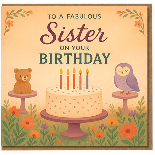 To a Fabulous Sister on Your Birthday Card - Cute Bear and Owl with Cake and Candles, Floral Pastel Illustration - Sweet Sister Birthday Greeting Card