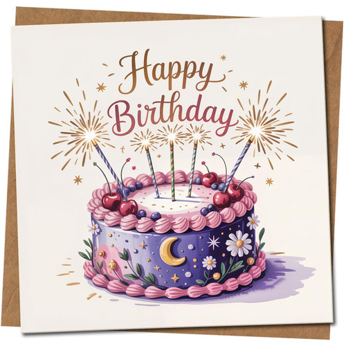 Happy Birthday Cake with Sparklers Square Greeting Card, 145mm x 145mm, Cute Illustrated Celebration Design, Includes Kraft Envelope