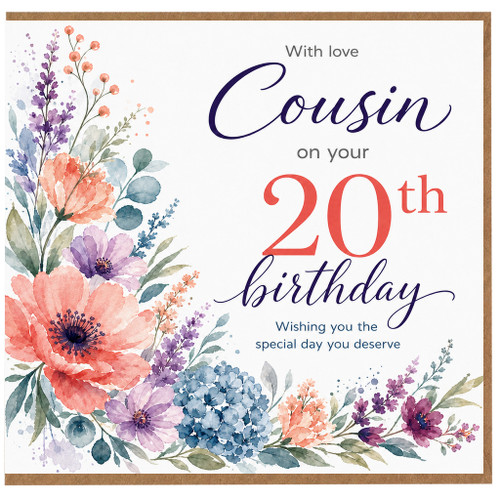20th Birthday Card for Cousin, Floral Watercolour Cousin Birthday Card