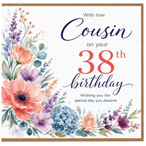 Cousin 38th Birthday Card, Floral Watercolour Birthday Card