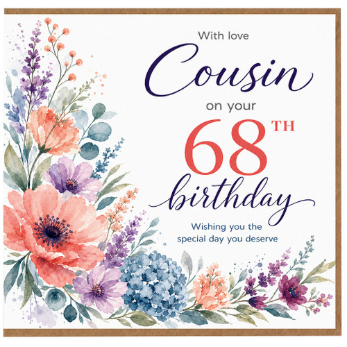 Cousin 68th Birthday Card, Floral Watercolour Birthday Card