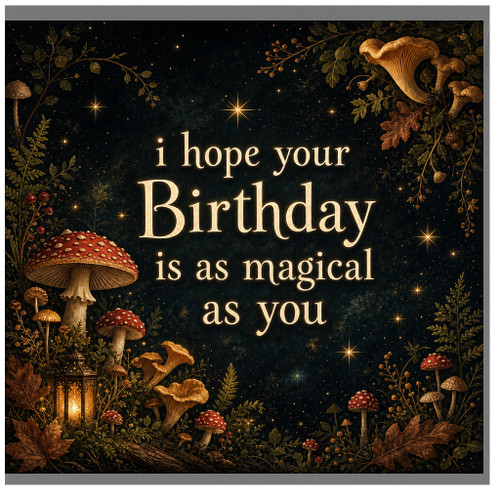 Birthday Card, Magical Woodland Mushrooms and Stars Design