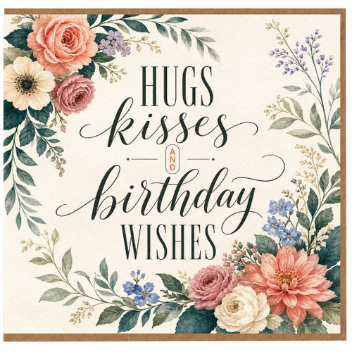Birthday Card, Hugs Kisses and Birthday Wishes Floral Greeting Card