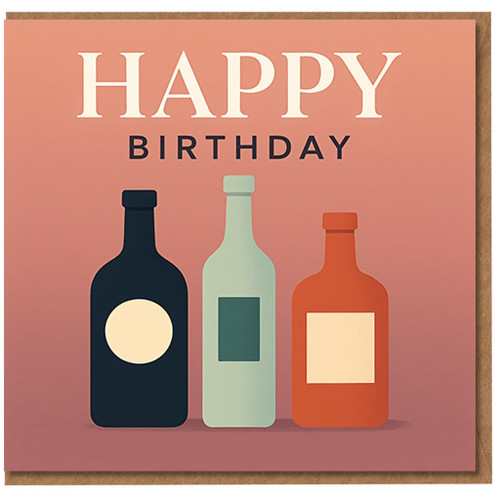 Happy Birthday Card - Three Bottles Minimal Design for Wine, Beer and Spirits Lovers - Modern Adult Birthday Greeting
