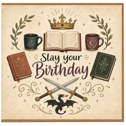 Birthday Card, Slay Your Birthday Fantasy Dragon Book Lover Card