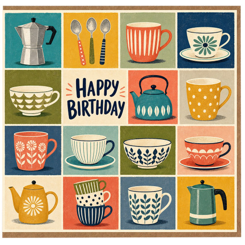 Birthday Card, Tea Cup and Teapot Illustrated Birthday Card