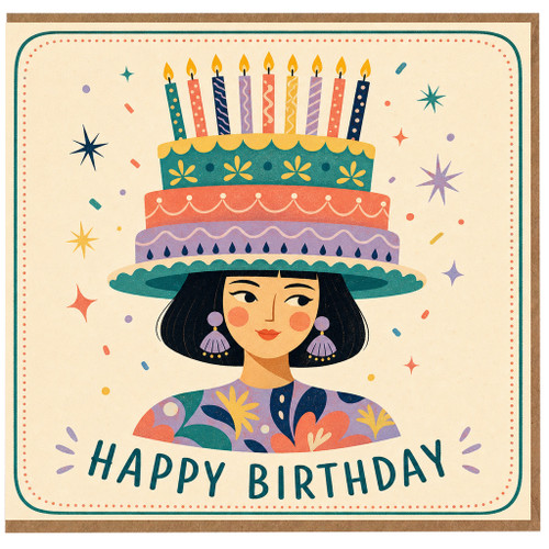 Birthday Card, Happy Birthday Illustrated Woman and Cake Hat Design